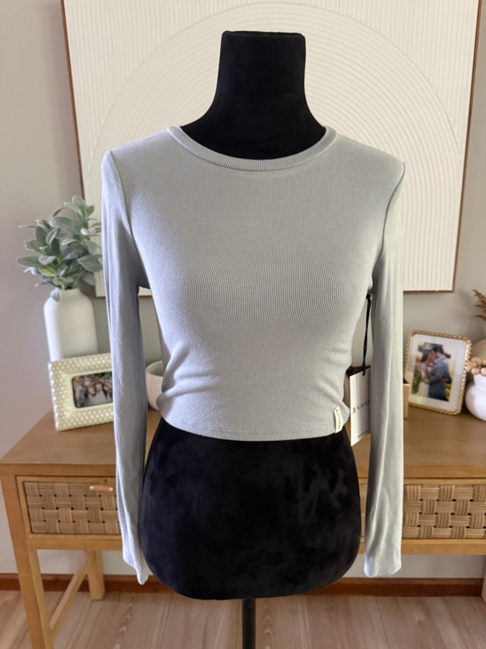 Ribbed Long-Sleeve Crop Top in Light Gray